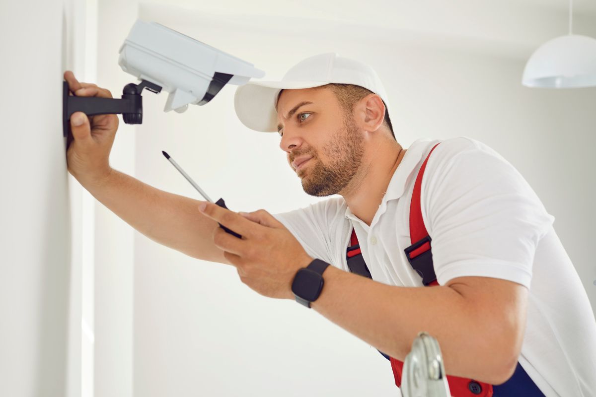 A man in a white shirt and hat adjusts a camera, emphasizing the importance of securing your business with surveillance. 